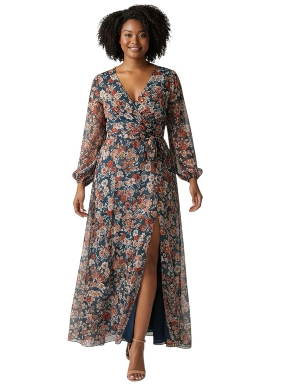 New Look Floral Midi Dress in Slate Blue with Coral Blooms 3X